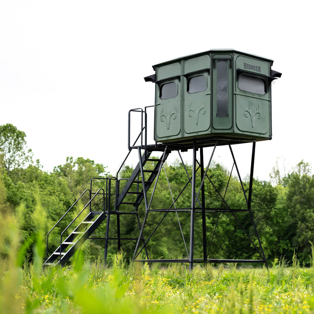 Game Changer 6×8 fiberglass box blind with panoramic windows for bow, rifle, and crossbow hunting