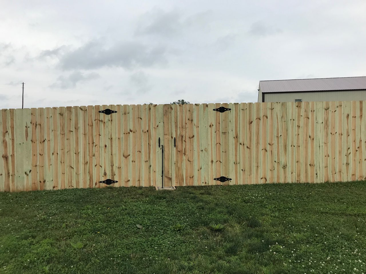 Wood privacy fence with double gate and black hinges, a common backyard privacy upgrade.