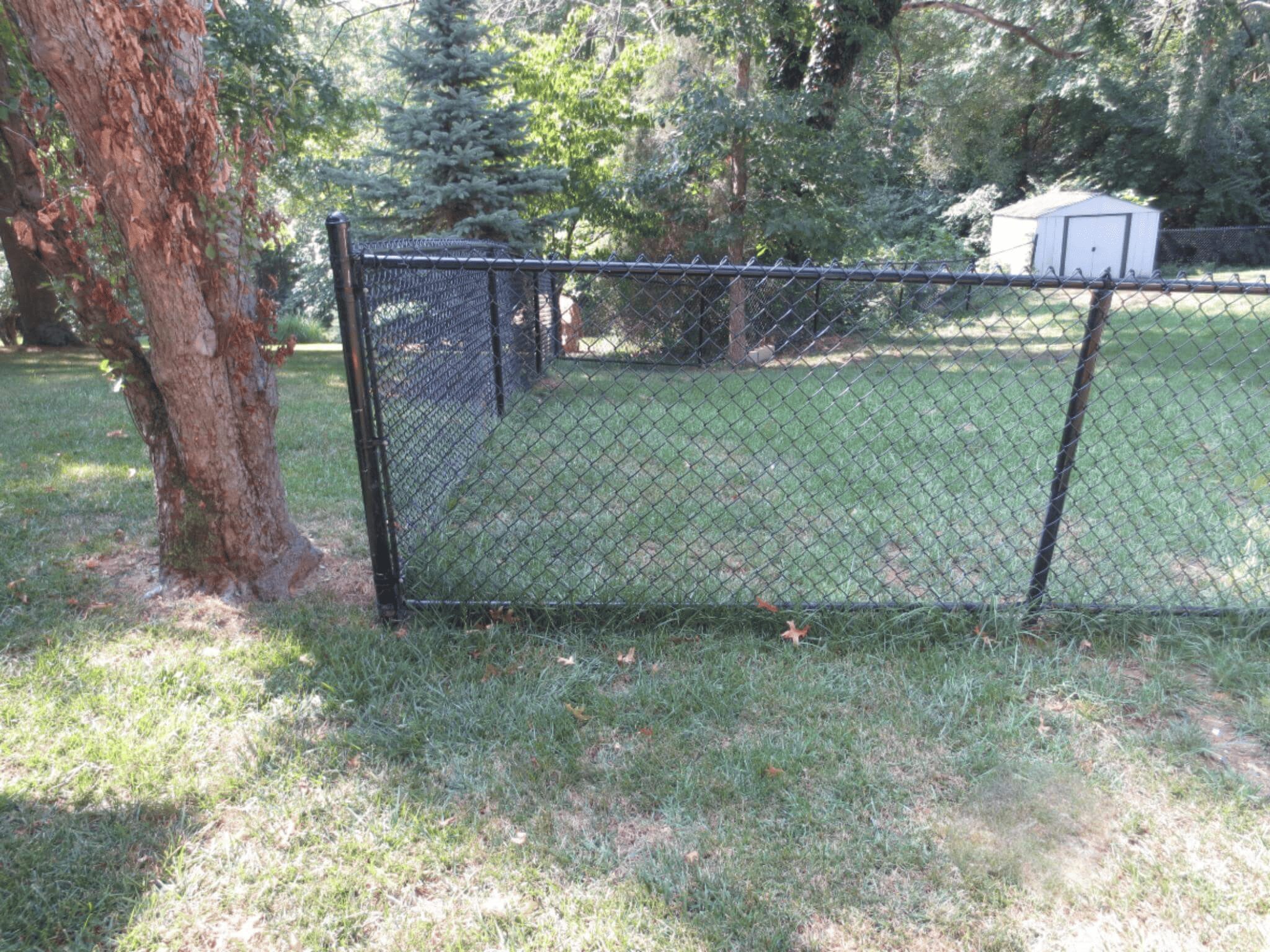Black chain link fence following a rolling backyard slope